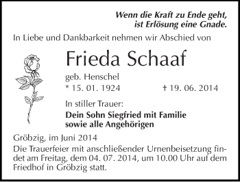 Traueranzeige von Frieda Schaaf von Mitteldeutsche Zeitung Köthen