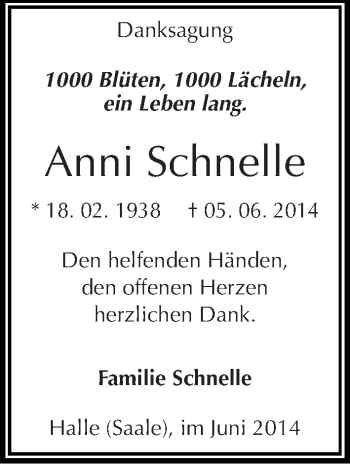 Traueranzeige von Anni Schnelle von Mitteldeutsche Zeitung Halle/Saalkreis