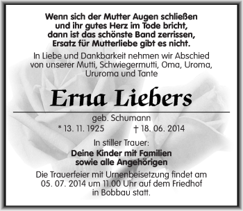 Traueranzeige von Erna Liebers von Mitteldeutsche Zeitung Bitterfeld