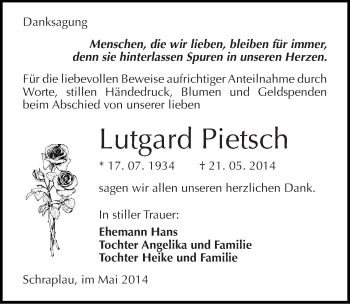 Traueranzeige von Lutgard PIetsch von Mitteldeutsche Zeitung Merseburg/Querfurt
