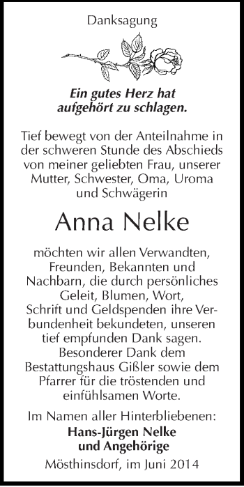 Traueranzeige von Anna Nelke von Mitteldeutsche Zeitung Halle/Saalkreis