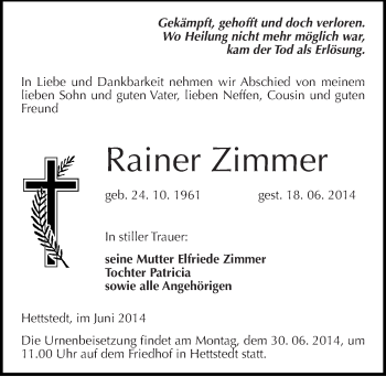Traueranzeige von Rainer Zimmer von Mitteldeutsche Zeitung Mansfelder Land