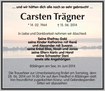 Traueranzeige von Carsten Trägner von Mitteldeutsche Zeitung Mansfelder Land