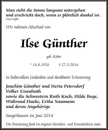 Traueranzeige von Itse Günther von Mitteldeutsche Zeitung Sangerhausen