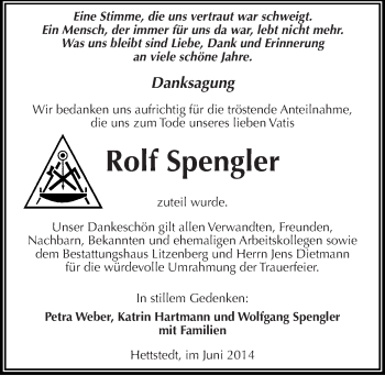 Traueranzeige von Rolf Spengler von Mitteldeutsche Zeitung Mansfelder Land