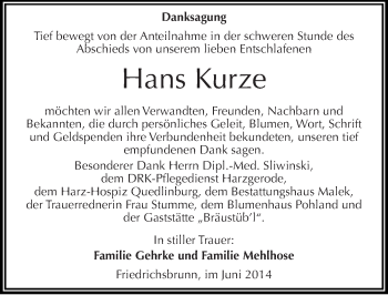 Traueranzeige von Hans Kurze von Mitteldeutsche Zeitung Quedlinburg