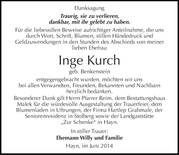 Traueranzeige von Inge Kurch von Mitteldeutsche Zeitung Sangerhausen