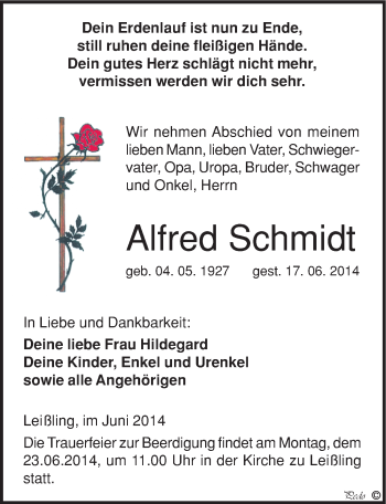 Traueranzeige von Alfred Schmidt von Mitteldeutsche Zeitung Weißenfels