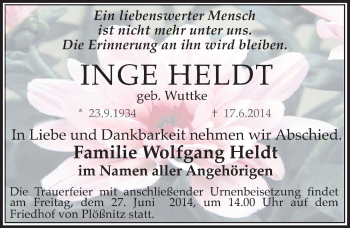 Traueranzeige von Inge Heldt von Mitteldeutsche Zeitung Halle/Saalkreis