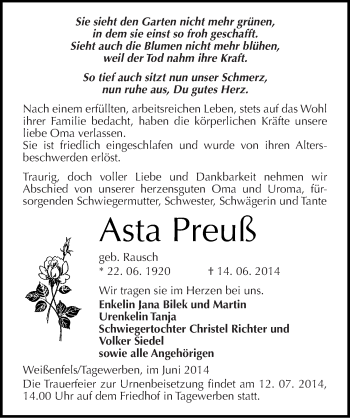 Traueranzeige von Asta Preuß von Mitteldeutsche Zeitung Weißenfels