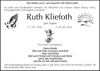 Traueranzeige von Ruth Kliefoth von Mitteldeutsche Zeitung Halle/Saalkreis