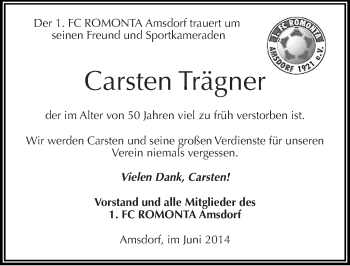 Traueranzeige von Carsten Trägner von Mitteldeutsche Zeitung Mansfelder Land