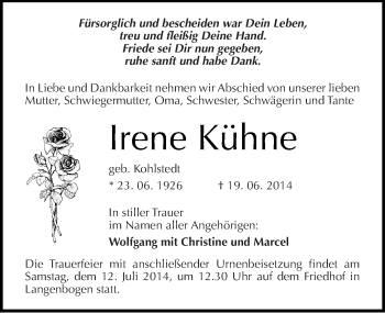 Traueranzeige von Irene Kühne von Mitteldeutsche Zeitung Halle/Saalkreis