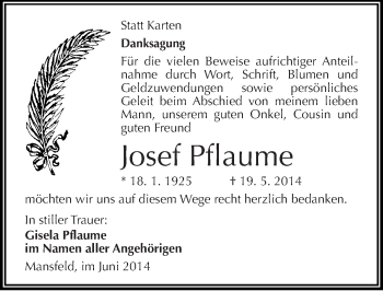 Traueranzeige von Josef Pflaume von Mitteldeutsche Zeitung Mansfelder Land