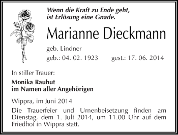 Traueranzeige von Marianne Dieckmann von Mitteldeutsche Zeitung Mansfelder Land