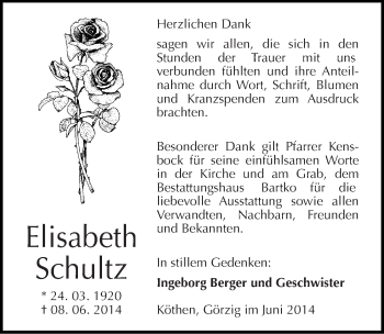 Traueranzeige von Elisabeth Schultz von Mitteldeutsche Zeitung Köthen