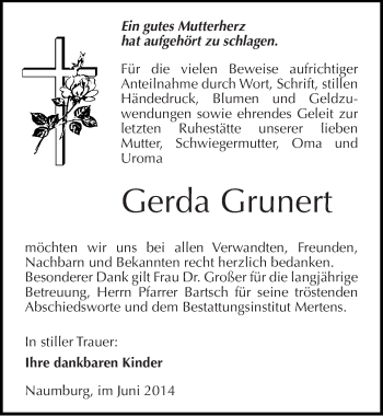 Traueranzeige von Gerda Grunert von Mitteldeutsche Zeitung Naumburg/Nebra
