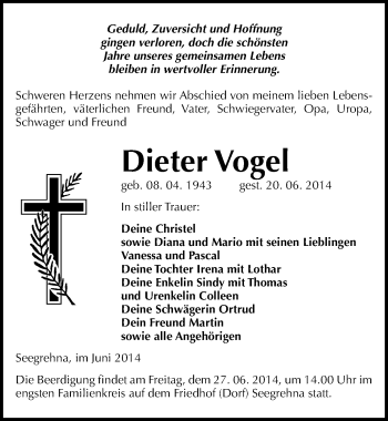 Traueranzeige von Dieter Vogel von Mitteldeutsche Zeitung Wittenberg