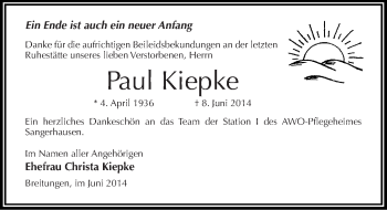 Traueranzeige von Paul Kiepke von Mitteldeutsche Zeitung Sangerhausen