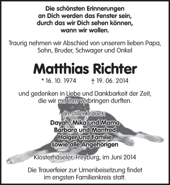 Traueranzeige von Matthias Richter von Mitteldeutsche Zeitung Naumburg/Nebra