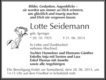Traueranzeige von Lotte Seidemann von Mitteldeutsche Zeitung Merseburg/Querfurt