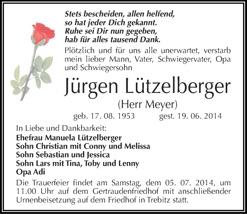  Traueranzeige für Jürgen Lützelberger vom 28.06.2014 aus Mitteldeutsche Zeitung Halle/Saalkreis