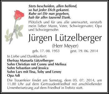 Traueranzeige von Jürgen Lützelberger von Mitteldeutsche Zeitung Halle/Saalkreis