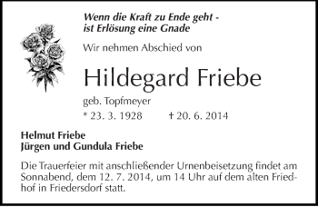 Traueranzeige von Hildegard Friebe von Mitteldeutsche Zeitung Bitterfeld