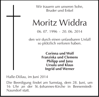 Traueranzeige von Moritz Widdra von Mitteldeutsche Zeitung Halle/Saalkreis