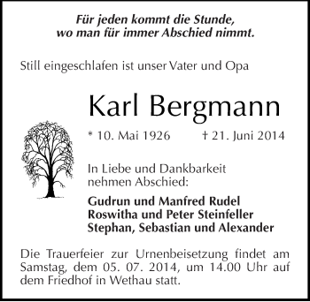 Traueranzeige von Karl Bergmann von Mitteldeutsche Zeitung