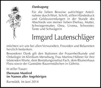 Traueranzeige von Irmgard Lautenschläger von Mitteldeutsche Zeitung Merseburg/Querfurt