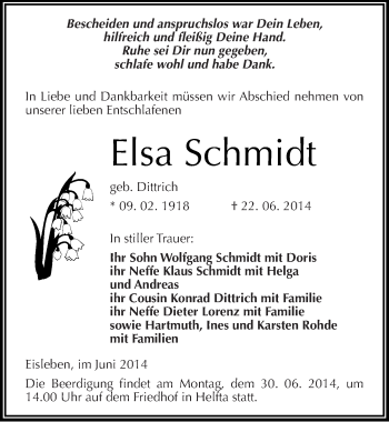 Traueranzeige von Elsa Schmidt von Mitteldeutsche Zeitung Mansfelder Land