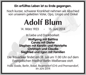 Traueranzeige von Adolf Blum von Mitteldeutsche Zeitung