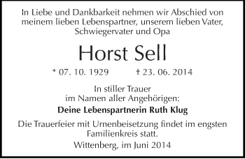 Traueranzeige von Horst Sell von Mitteldeutsche Zeitung Wittenberg