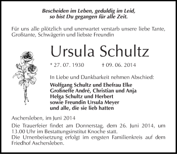 Traueranzeige von Ursula Schultz von Mitteldeutsche Zeitung Aschersleben