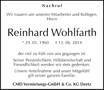 Traueranzeige von Reinhard Wohlfarth von Mitteldeutsche Zeitung Dessau-Roßlau