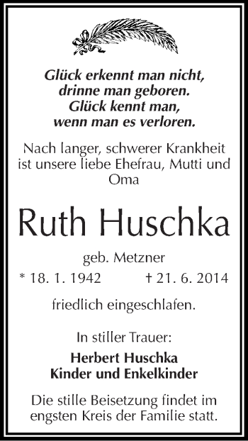 Traueranzeige von Ruth Huschka von Mitteldeutsche Zeitung Bernburg