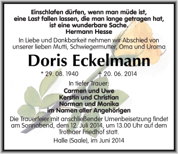 Traueranzeige von Doris Eckelmann von Mitteldeutsche Zeitung Halle/Saalkreis