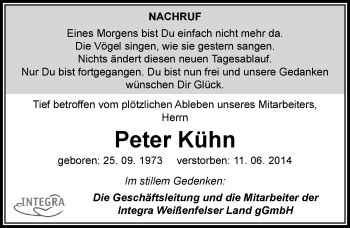 Traueranzeige von Peter Kühn von Mitteldeutsche Zeitung Weißenfels