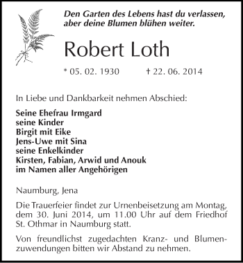 Traueranzeige von Robert Loth von Mitteldeutsche Zeitung Naumburg/Nebra