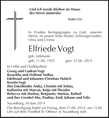 Traueranzeige von Elfriede Vogt von Mitteldeutsche Zeitung Naumburg/Nebra