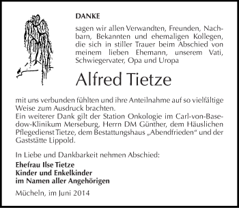 Traueranzeige von Alfred Tieze von Mitteldeutsche Zeitung Merseburg/Querfurt