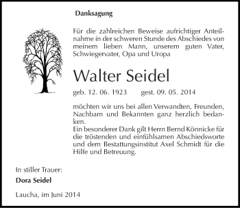 Traueranzeige von Walter Seidel von Mitteldeutsche Zeitung Naumburg/Nebra