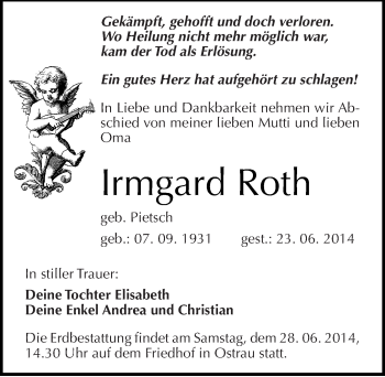 Traueranzeige von Irmgard Roth von Mitteldeutsche Zeitung Halle/Saalkreis