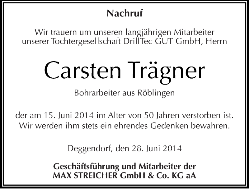  Traueranzeige für Carsten Trägner vom 28.06.2014 aus Mitteldeutsche Zeitung Mansfelder Land