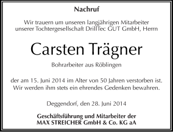 Traueranzeige von Carsten Trägner von Mitteldeutsche Zeitung Mansfelder Land