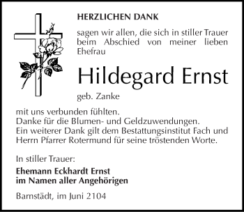 Traueranzeige von Hildegard Ernst von Mitteldeutsche Zeitung Merseburg/Querfurt