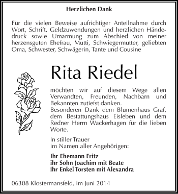 Traueranzeige von Rita Riedel von Mitteldeutsche Zeitung Mansfelder Land