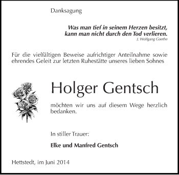 Traueranzeige von Holger Gentsch von Mitteldeutsche Zeitung Mansfelder Land