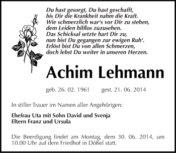 Traueranzeige von Achim Lehmann von Mitteldeutsche Zeitung Halle/Saalkreis